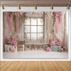 Lofaris Pink Floral First Birthday Backdrop with Rustic Window and ONE Letters Beautiful Photography Background for Baby Girl Cake Smash