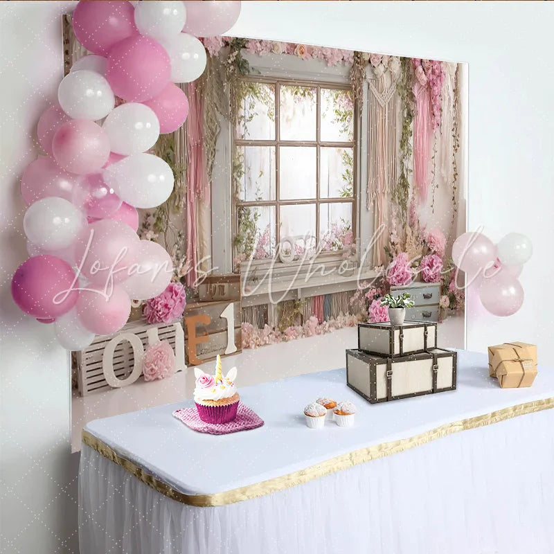Lofaris Pink Floral First Birthday Backdrop with Rustic Window and ONE Letters Beautiful Photography Background for Baby Girl Cake Smash