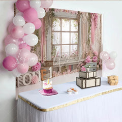Lofaris Pink Floral First Birthday Backdrop with Rustic Window and ONE Letters Beautiful Photography Background for Baby Girl Cake Smash