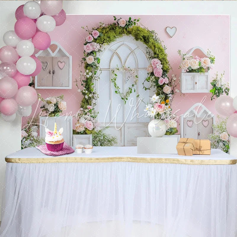 Lofaris Pink Floral Garden Arch Photography Backdrop with Green Moss and Roses Romantic Studio Background for Portrait Photoshoot