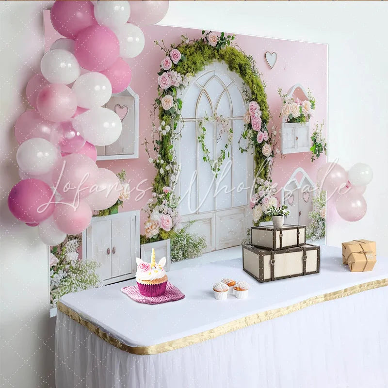 Lofaris Pink Floral Garden Arch Photography Backdrop with Green Moss and Roses Romantic Studio Background for Portrait Photoshoot