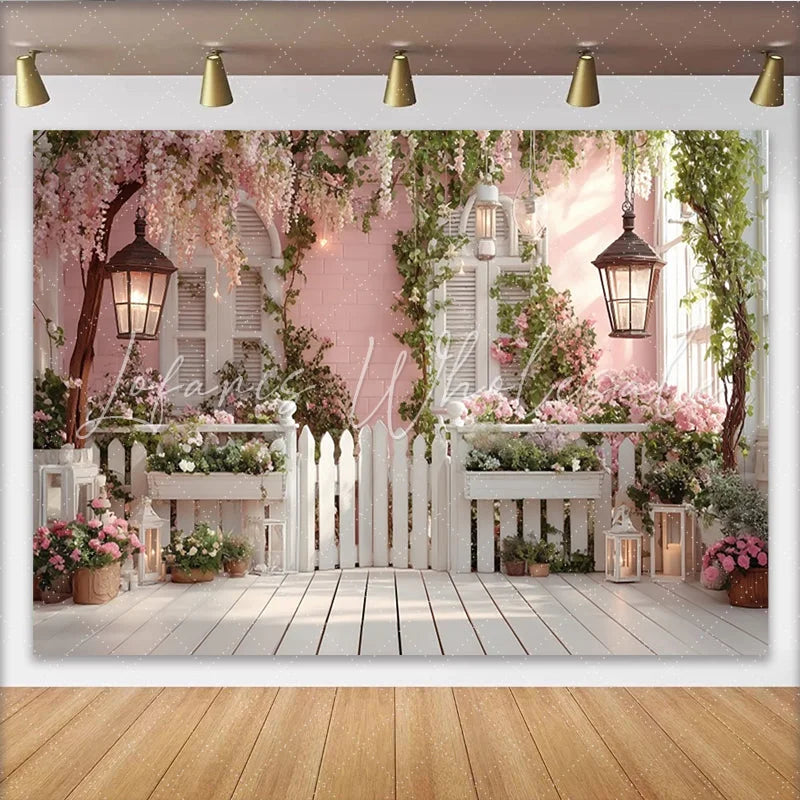 Lofaris Pink Floral Garden Photography Backdrop with White Picket Fence and Wooden Floor Romantic Spring Photo Background for Studio