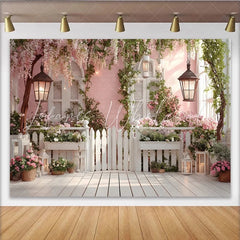 Lofaris Pink Floral Garden Photography Backdrop with White Picket Fence and Wooden Floor Romantic Spring Photo Background for Studio