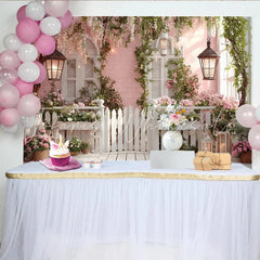 Lofaris Pink Floral Garden Photography Backdrop with White Picket Fence and Wooden Floor Romantic Spring Photo Background for Studio