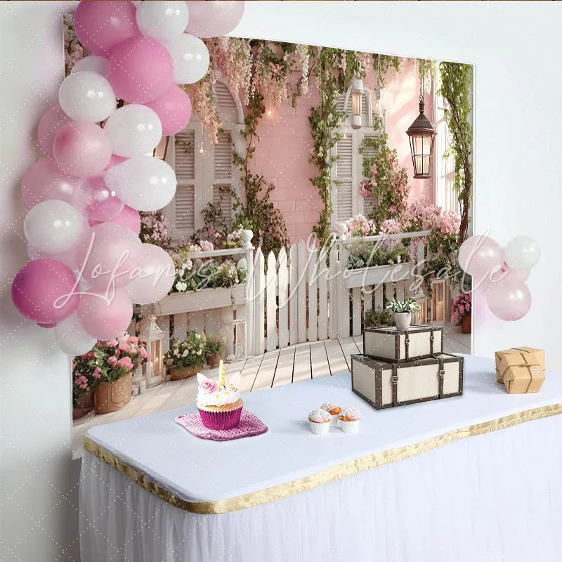 Lofaris Pink Floral Garden Photography Backdrop with White Picket Fence and Wooden Floor Romantic Spring Photo Background for Studio