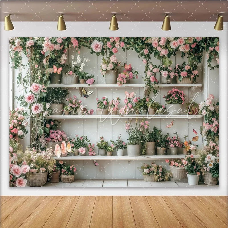 Lofaris Pink Floral Garden Photography Backdrop with White Shelves and Butterflies Rustic Wood Background for Studio Photoshoot