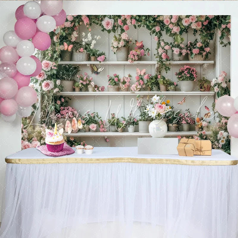 Lofaris Pink Floral Garden Photography Backdrop with White Shelves and Butterflies Rustic Wood Background for Studio Photoshoot