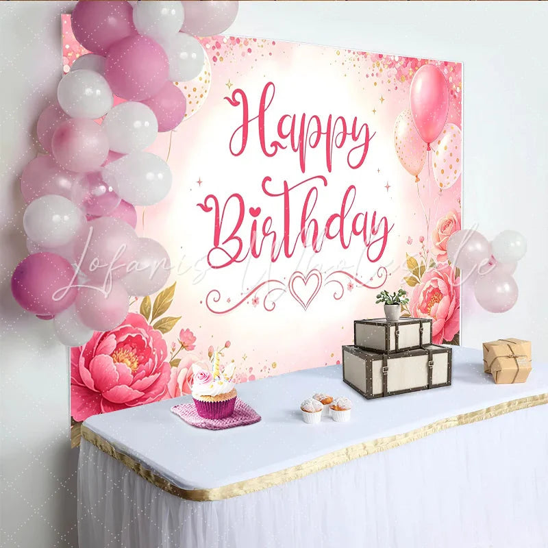 Lofaris Pink Floral Glitter Happy Birthday Backdrop with Balloons and Roses Beautiful Party Decoration Background for Girls Photoshoot