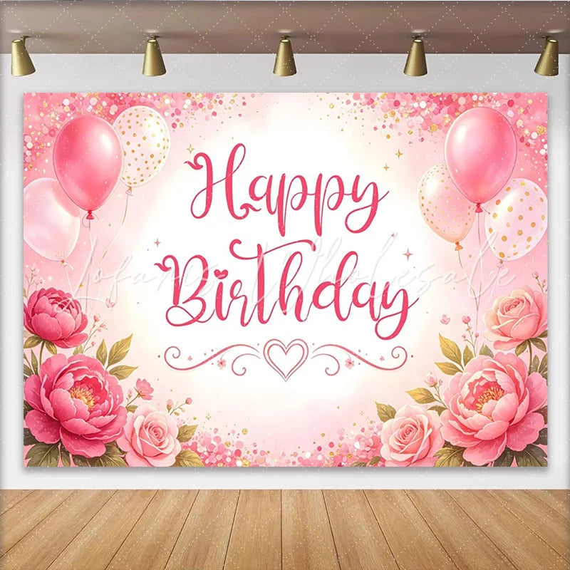 Lofaris Pink Floral Glitter Happy Birthday Backdrop with Balloons and Roses Beautiful Party Decoration Background for Girls Photoshoot