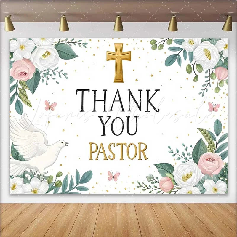 Lofaris Pink Floral Gold Cross Thank You Pastor Backdrop Dove Church Appreciation Event Decor Photography Background