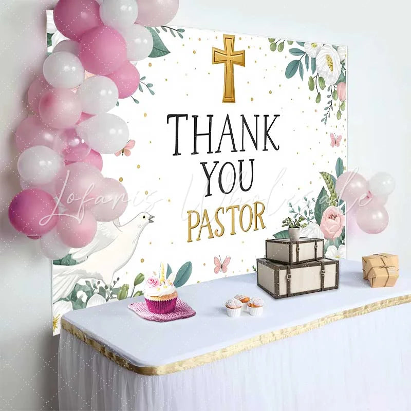 Lofaris Pink Floral Gold Cross Thank You Pastor Backdrop Dove Church Appreciation Event Decor Photography Background
