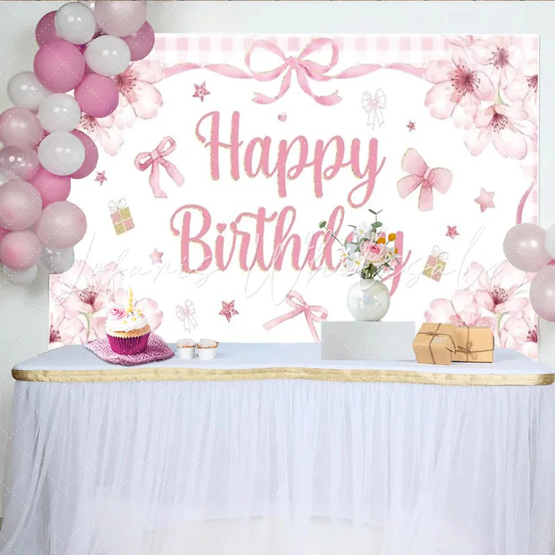 Lofaris Pink Floral Happy Birthday Backdrop Watercolor Bow Gingham Check Background Girl Princess Sweet Party Cake Table Prop