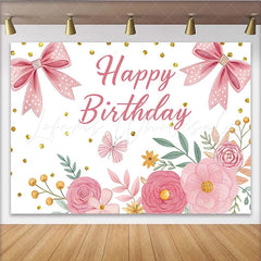 Lofaris Pink Floral Happy Birthday Backdrop with Bows and Glitter for Girls Beautiful Flower Photo Background for Party Decor