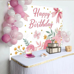 Lofaris Pink Floral Happy Birthday Backdrop with Bows and Glitter for Girls Beautiful Flower Photo Background for Party Decor
