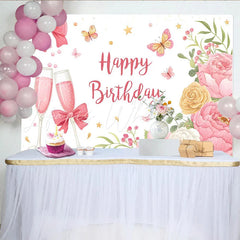 Lofaris Pink Floral Happy Birthday Backdrop with Butterflies and Champagne Glasses Elegant Party Decoration for Photoshoot