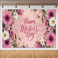 Lofaris Pink Floral Happy Mother’s Day Backdrop with Daisy Flowers Elegant Photography Background for Family Celebration