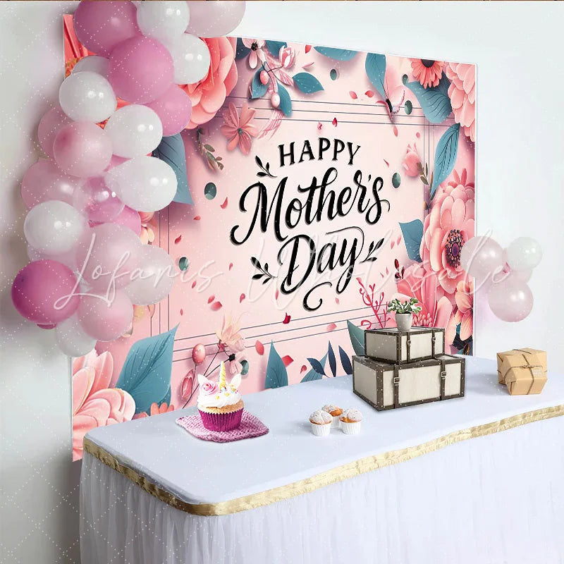 Lofaris Pink Floral Happy Mothers Day Backdrop with Butterflies Elegant Photography Background for Celebration Party