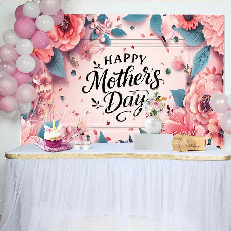 Lofaris Pink Floral Happy Mothers Day Backdrop with Butterflies Elegant Photography Background for Celebration Party
