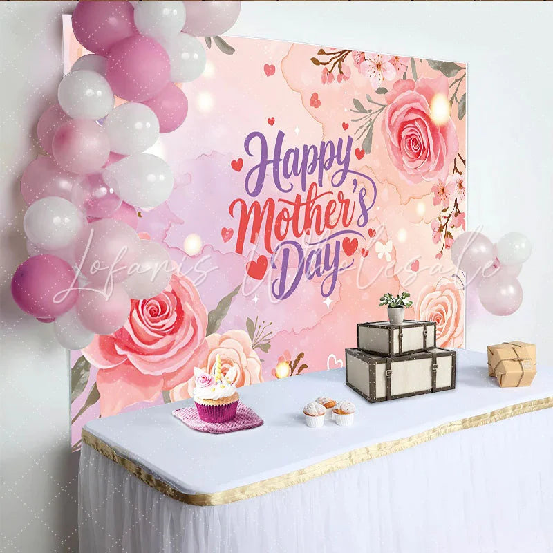 Lofaris Pink Floral Mothers Day Backdrop with Roses and Cherry Blossoms Elegant Background for Festive Celebration Decor
