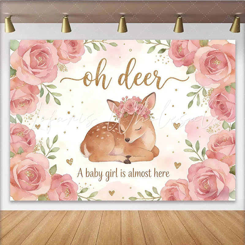 Lofaris Pink Floral Oh Deer Baby Girl Baby Shower Backdrop Cute Woodland Animal Photography Background for Party Decor