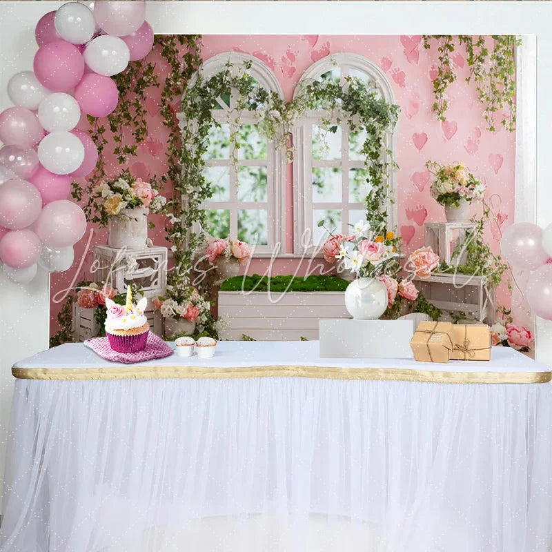 Lofaris Pink Floral Photography Backdrop with Arched Windows and Ivy Romantic Garden Photo Background for Studio Portrait and Event Decor