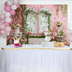 Lofaris Pink Floral Photography Backdrop with Arched Windows and Ivy Romantic Garden Photo Background for Studio Portrait and Event Decor
