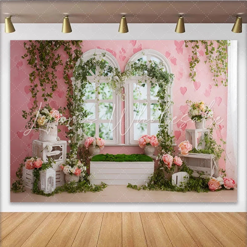 Lofaris Pink Floral Photography Backdrop with Arched Windows and Ivy Romantic Garden Photo Background for Studio Portrait and Event Decor