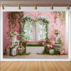 Lofaris Pink Floral Photography Backdrop with Arched Windows and Ivy Romantic Garden Photo Background for Studio Portrait and Event Decor
