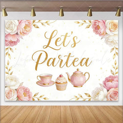 Lofaris Pink Floral Tea Party Birthday Backdrop with Golden Let’s Partea Text Elegant Photo Background for Girls Celebration and Party Decor