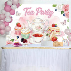 Lofaris Pink Floral Tea Party Birthday Backdrop with Unicorn and Sweets Elegant Dessert Table Background for Girls Party Decoration
