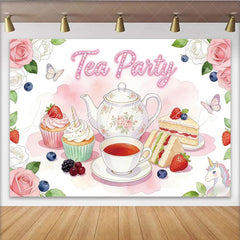 Lofaris Pink Floral Tea Party Birthday Backdrop with Unicorn and Sweets Elegant Dessert Table Background for Girls Party Decoration