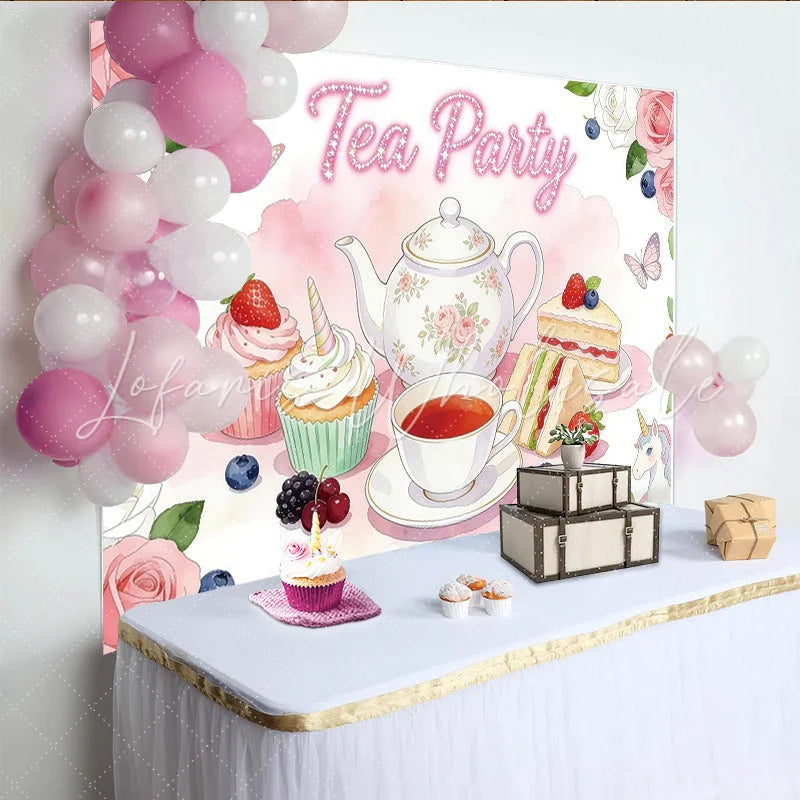 Lofaris Pink Floral Tea Party Birthday Backdrop with Unicorn and Sweets Elegant Dessert Table Background for Girls Party Decoration