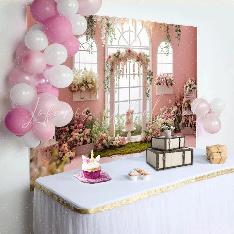 Lofaris Pink Floral Wedding Backdrop with Arched Windows and Lush Roses Elegant Garden Party Decor for Engagement Photoshoot