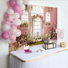 Lofaris Pink Floral Wedding Backdrop with Arched Windows and Lush Roses Elegant Garden Party Decor for Engagement Photoshoot