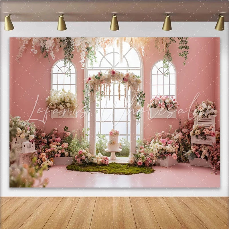 Lofaris Pink Floral Wedding Backdrop with Arched Windows and Lush Roses Elegant Garden Party Decor for Engagement Photoshoot