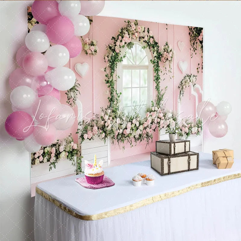 Lofaris Pink Floral Window Photography Backdrop with Roses and Green Vines Elegant Studio Background for Romantic Photoshoot and Party Decor