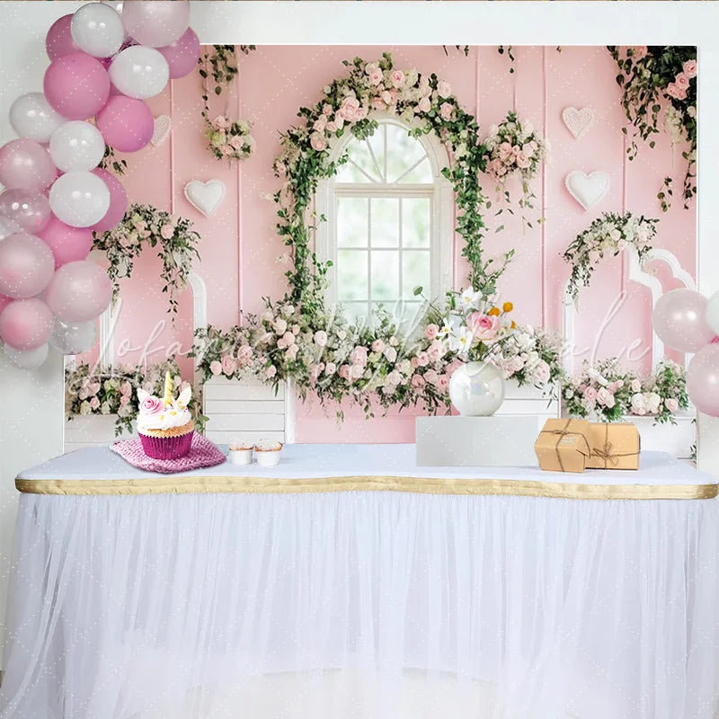 Lofaris Pink Floral Window Photography Backdrop with Roses and Green Vines Elegant Studio Background for Romantic Photoshoot and Party Decor