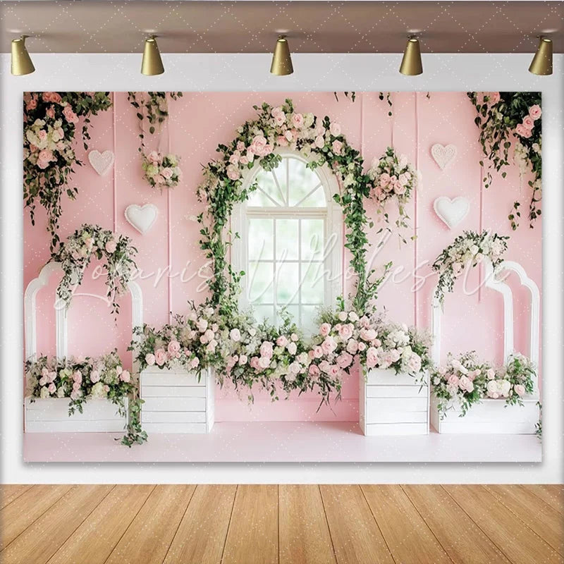 Lofaris Pink Floral Window Photography Backdrop with Roses and Green Vines Elegant Studio Background for Romantic Photoshoot and Party Decor