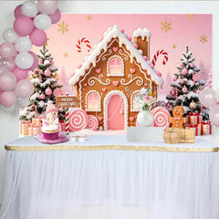Lofaris Pink Gingerbread House Christmas Backdrop with Snowman and Candy Canes Festive Winter Holiday Photography Background Decor