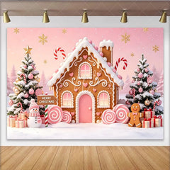 Lofaris Pink Gingerbread House Christmas Backdrop with Snowman and Candy Canes Festive Winter Holiday Photography Background Decor
