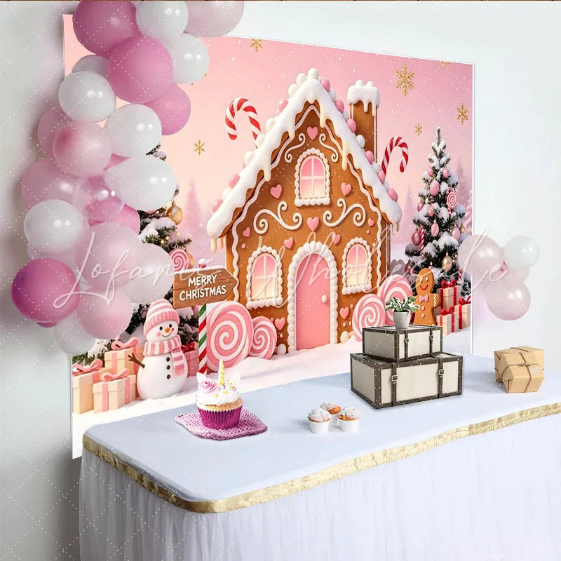 Lofaris Pink Gingerbread House Christmas Backdrop with Snowman and Candy Canes Festive Winter Holiday Photography Background Decor