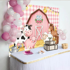 Lofaris Pink Gingham Farm Animal Birthday Backdrop with Barn and Lights Adorable Photo Booth Props for Kids Party Decoration