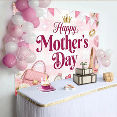 Lofaris Pink Gingham Happy Mother’s Day Backdrop with Roses and Golden Crown Elegant Photography Background for Celebration