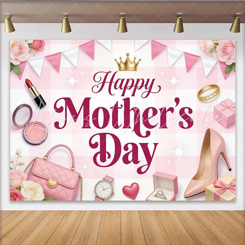 Lofaris Pink Gingham Happy Mother’s Day Backdrop with Roses and Golden Crown Elegant Photography Background for Celebration