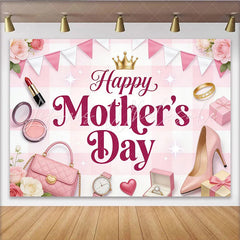 Lofaris Pink Gingham Happy Mother’s Day Backdrop with Roses and Golden Crown Elegant Photography Background for Celebration