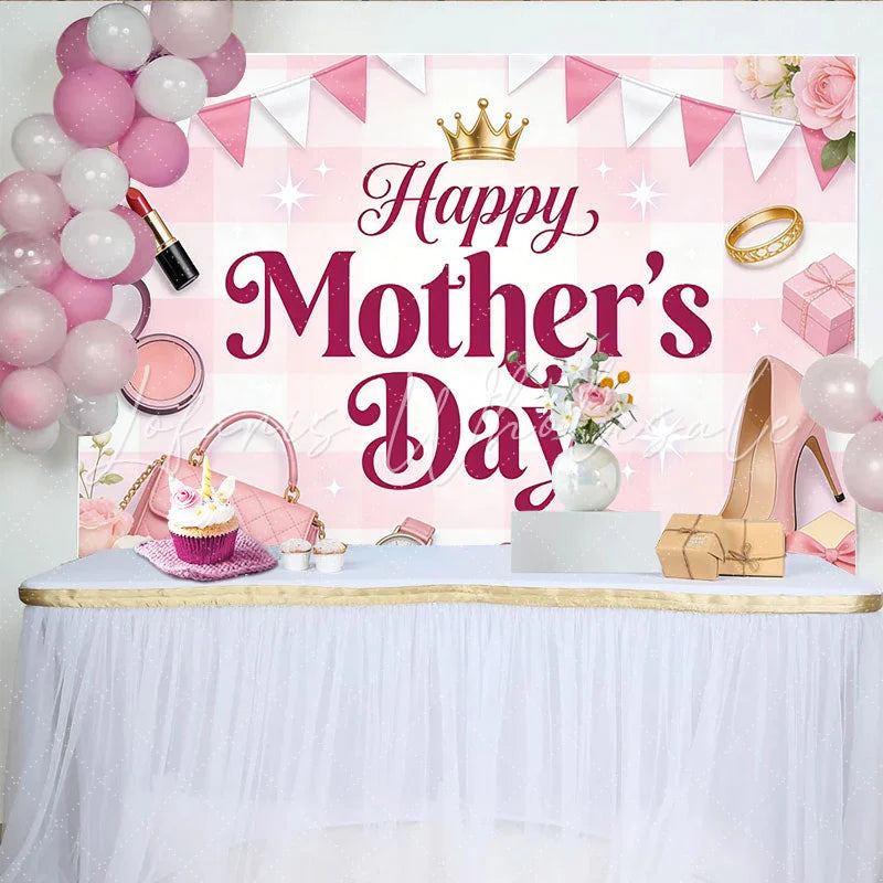 Lofaris Pink Gingham Happy Mother’s Day Backdrop with Roses and Golden Crown Elegant Photography Background for Celebration