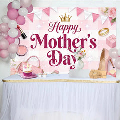 Lofaris Pink Gingham Happy Mother’s Day Backdrop with Roses and Golden Crown Elegant Photography Background for Celebration