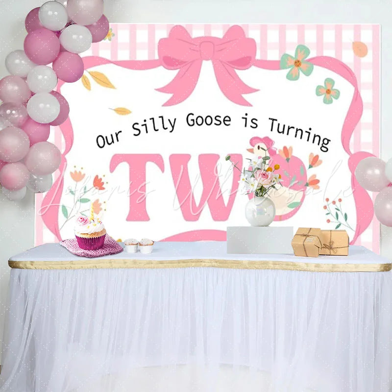 Lofaris Pink Gingham Silly Goose is Turning Two Birthday Backdrop Adorable Floral Baby Girl Party Decor