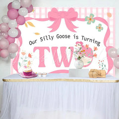 Lofaris Pink Gingham Silly Goose is Turning Two Birthday Backdrop Adorable Floral Baby Girl Party Decor