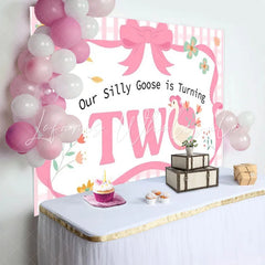 Lofaris Pink Gingham Silly Goose is Turning Two Birthday Backdrop Adorable Floral Baby Girl Party Decor